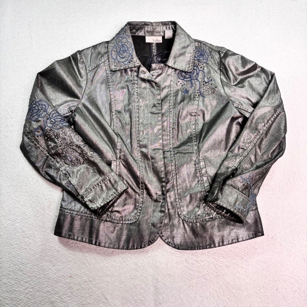 Chicos Platinum Metallic Embroidered Jacket Size 1 Silver Blue Rhinestone Floral